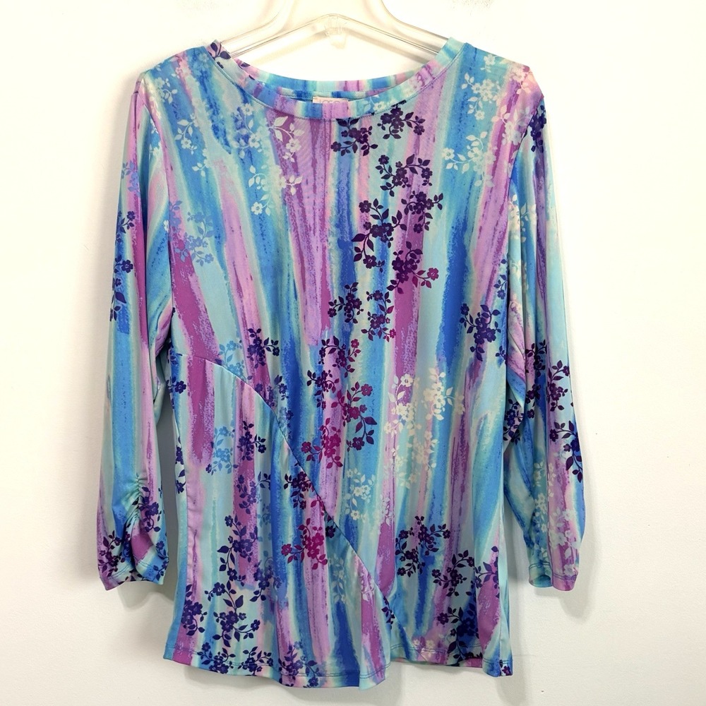 LOGO Layers Mesh Shirt Top XL Blue Watercolor 3/4 Sleeve Gathered Seam Summer